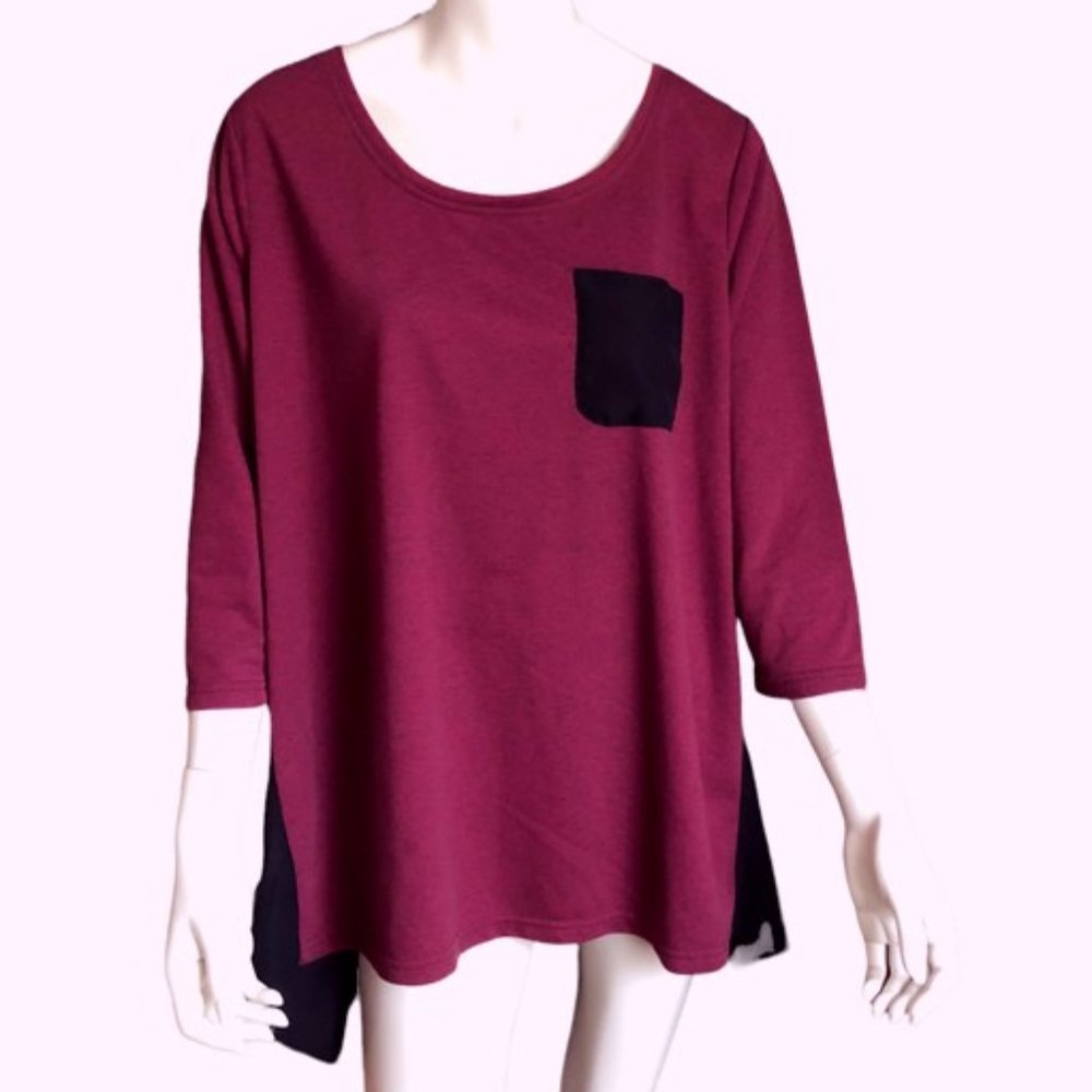 K Jordan 2X Burgundy & Black Heathered Top w/ Sheer Long Back
